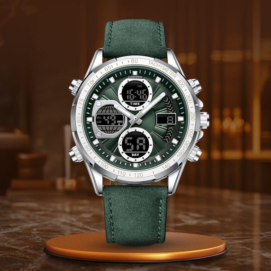 Militärische Sportuhr Herren mit Wasserbeständigkeit, Chronograph und Grünes Lederarmband