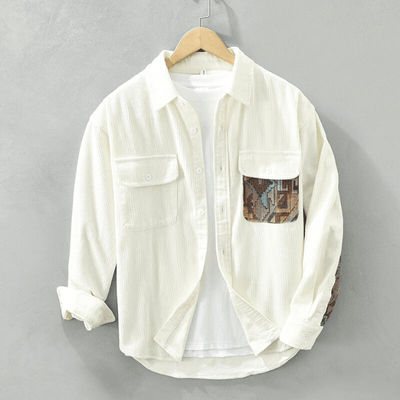 Herren Corduroy Hemd Langarm mit Patchwork-Design und Vordertaschen