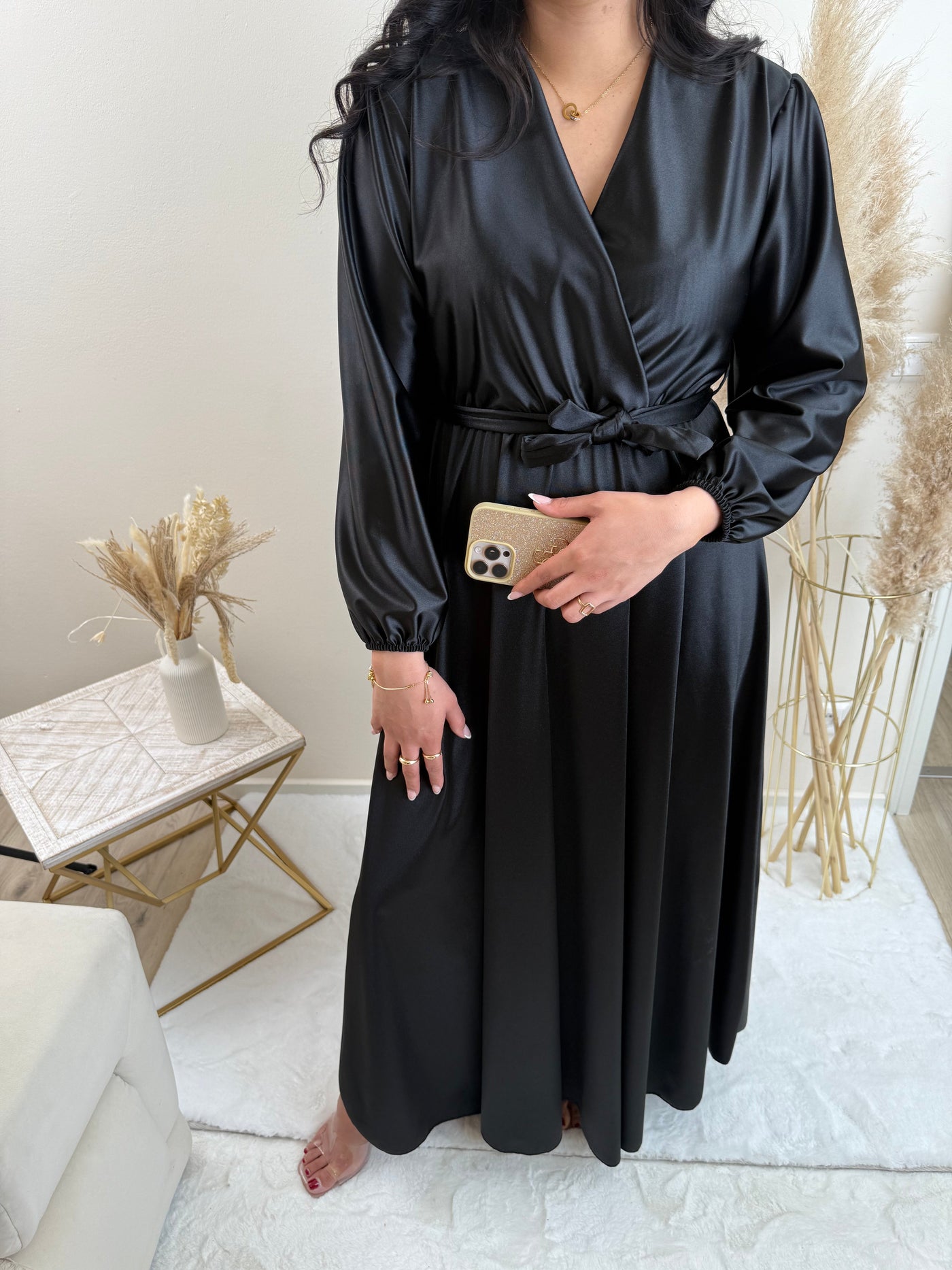 Satin Kleid mit Bindegürtel