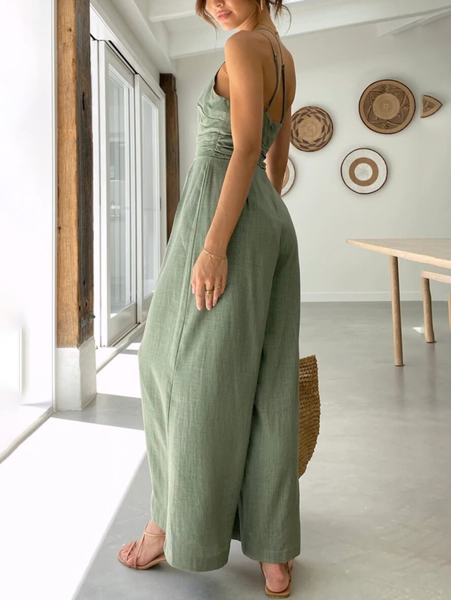 Böhmischer Overall mit weitem Bein aus Baumwolle-Leinen-Mix - Clara