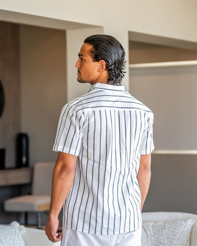 Charles | Gestreiftes Herren-Sommer Leinenhemd mit Stehkragen