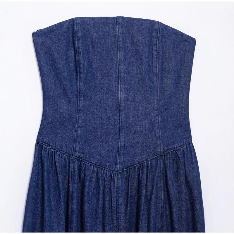 Trägerloses Elegantes Damen Jeanskleid Midi Slim Fit Vintage