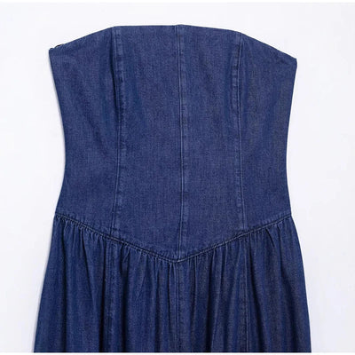 Trägerloses Elegantes Damen Jeanskleid Midi Slim Fit Vintage