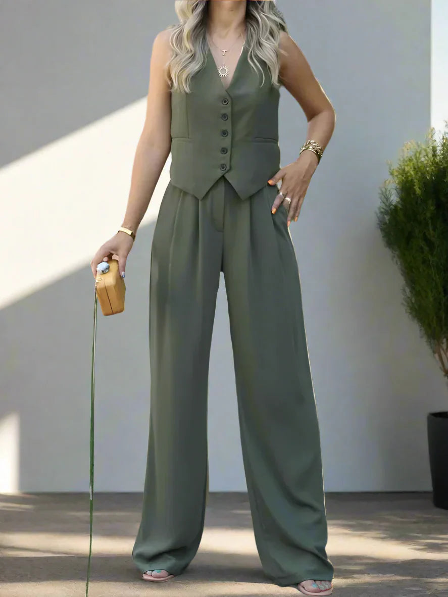 Elegantes Damen Hosenanzug Set mit V-Ausschnitt und weitem Bein