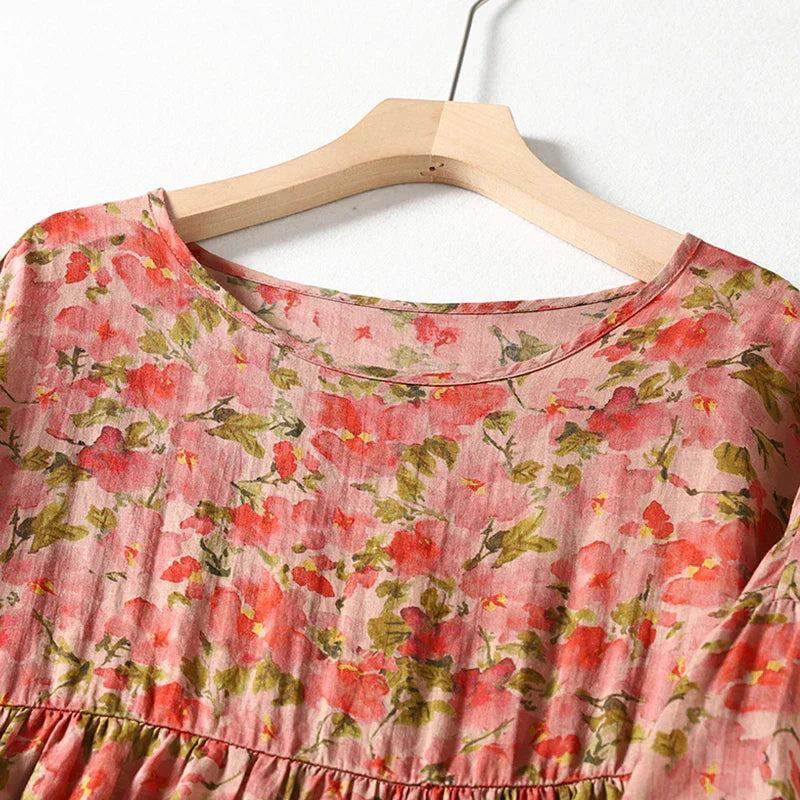 Sommerkleid aus Baumwolle und Leinen mit Druck und Falten – Mia