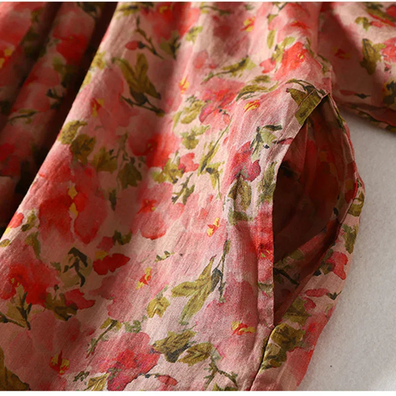 Sommerkleid aus Baumwolle und Leinen mit Druck und Falten – Mia