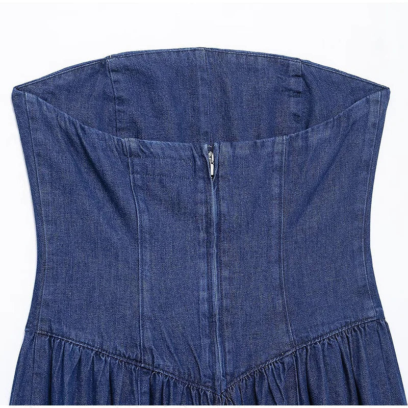 Trägerloses Elegantes Damen Jeanskleid Midi Slim Fit Vintage