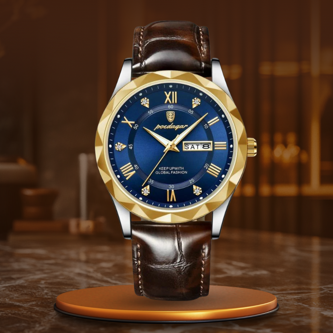 Fadenburg Luxus Quarzuhr Mit Lederarmband, Wasserdicht, Leuchtendes Display, 3ATM, Schockresistent