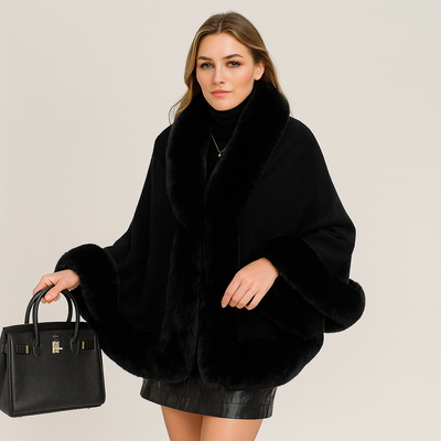 Marcella | Fledermausmantel mit offener Vorderseite und Pelzbesatz