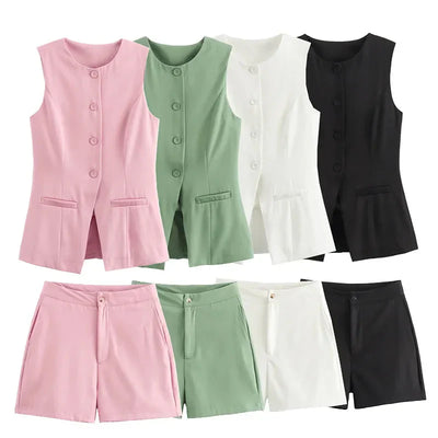 Elegantes Damen Zweiteiler-Set Vintage Kurzarm Knopfleiste