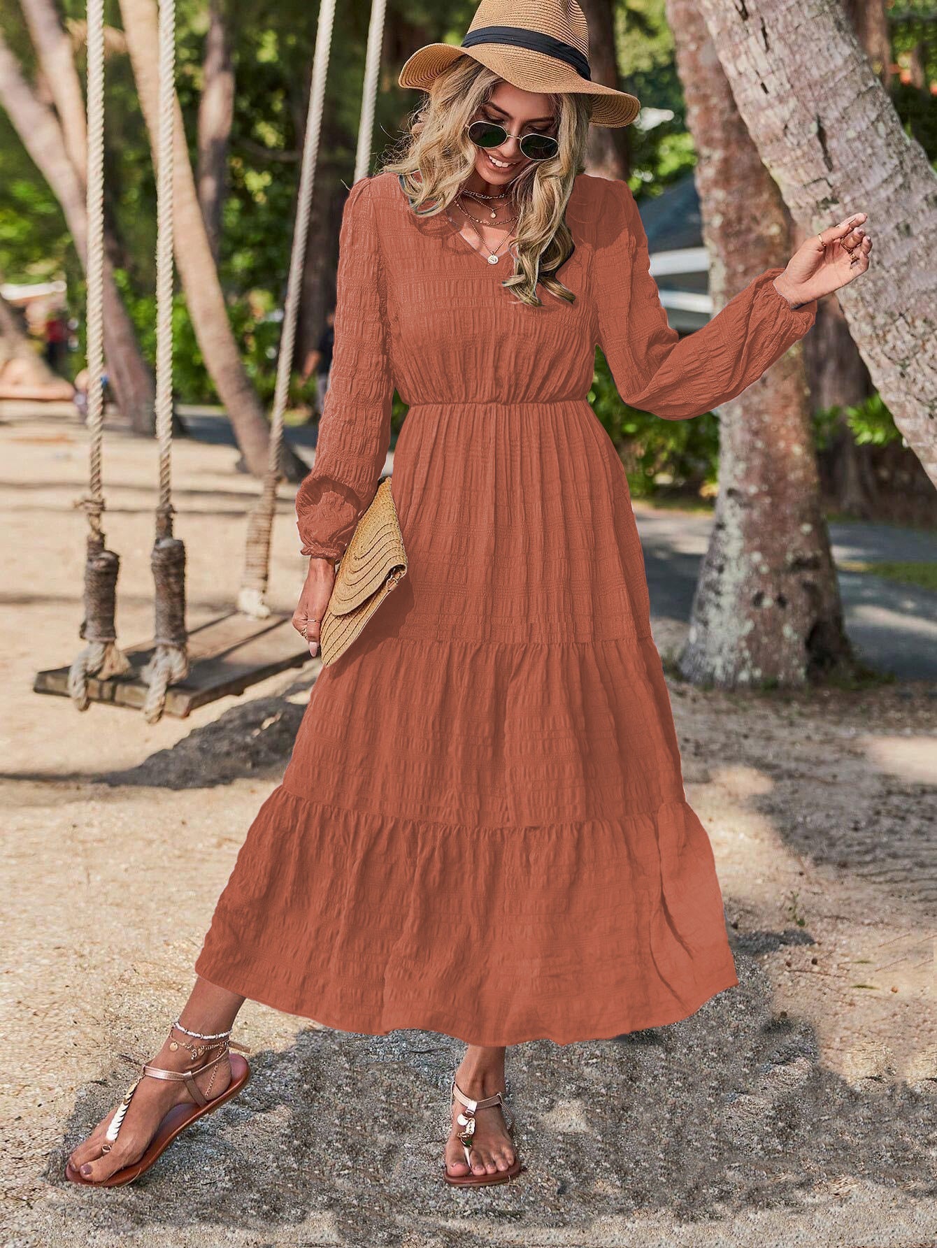 Damen elegantes Maxi-Kleid mit V-Ausschnitt und Volants Fudus