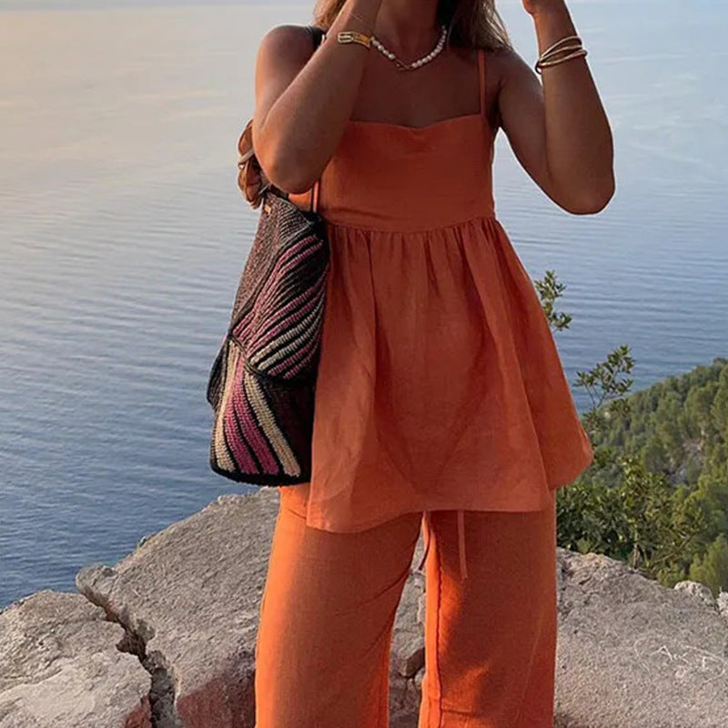 Damen luftige Sommerbluse mit weitem Schnitt und lockeren Hose Fudus