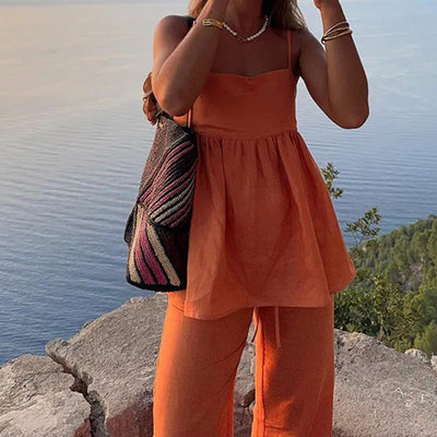 Damen luftige Sommerbluse mit weitem Schnitt und lockeren Hose Fudus