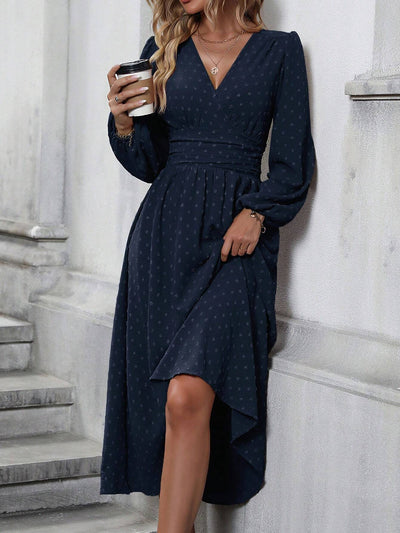 Damen Elegantes Maxi-Kleid mit V-Ausschnitt und Puffärmeln Fudus