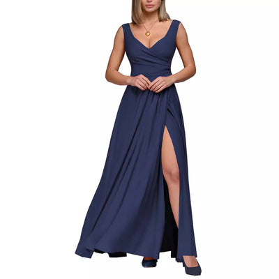 Damen Elegantes Maxikleid mit seitlichem Schlitz und raffiniertem V-Ausschnitt Fudus
