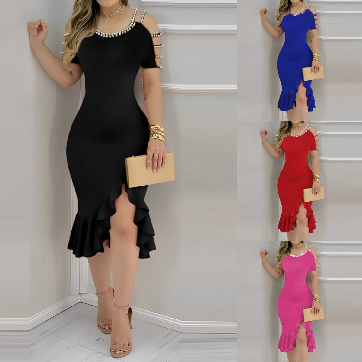 Damen Elegantes Wickelkleid mit Rüschen und dekorativen Schulterdetails Fudus