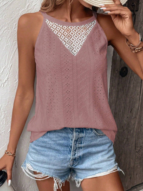 Damen ärmelloses Oberteil mit feiner Lochmusterung und eleganter Spitzeneinsätze Fudus