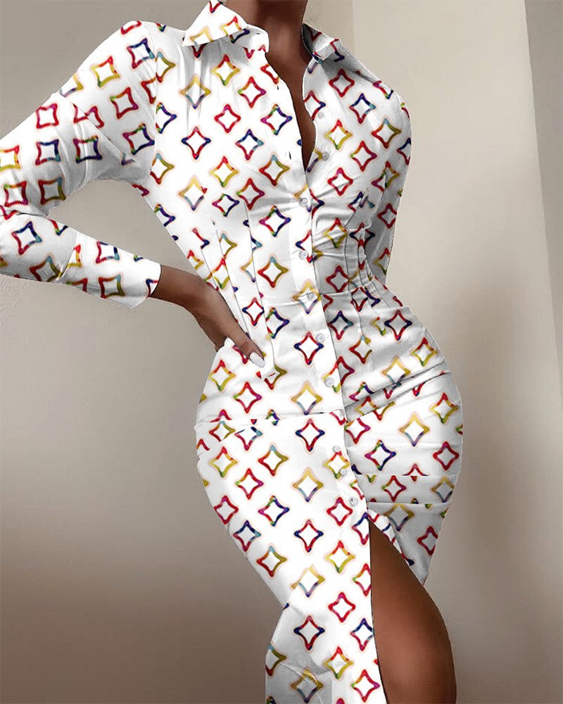 Damen Hemdblusenkleid mit auffälligem Moulage-Muster und schickem Schnitt Fudus