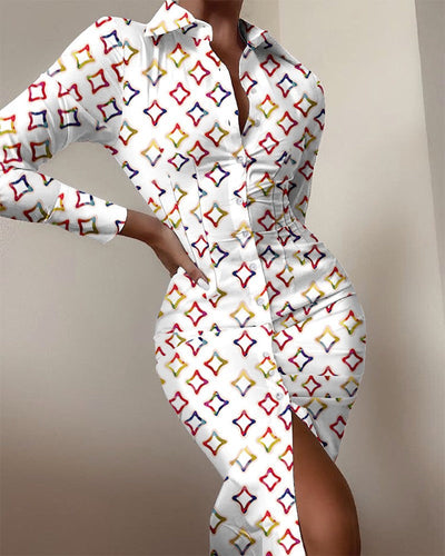 Damen Hemdblusenkleid mit auffälligem Moulage-Muster und schickem Schnitt Fudus