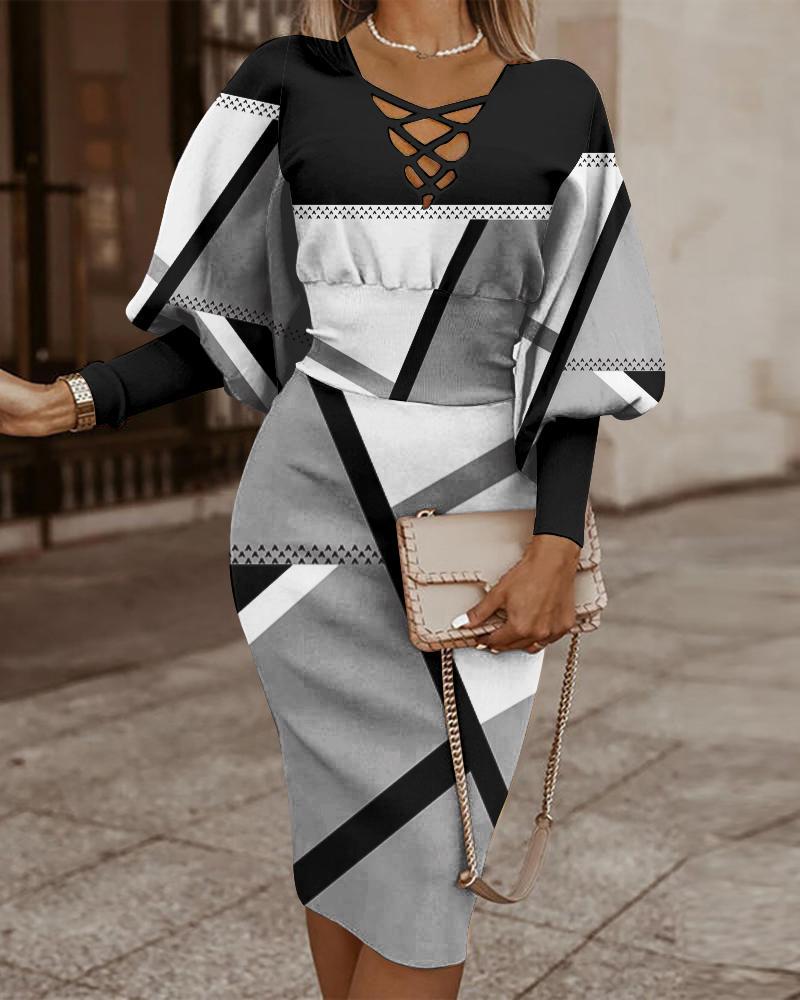 Damen kariertes Midi-Kleid mit ballonärmel und tiefem V-Ausschnitt Fudus