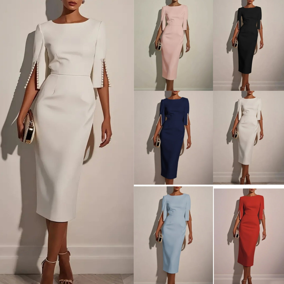 Damen elegantes Hochzeitskleid mit langen Ärmeln und Perlenverzierungen Fudus