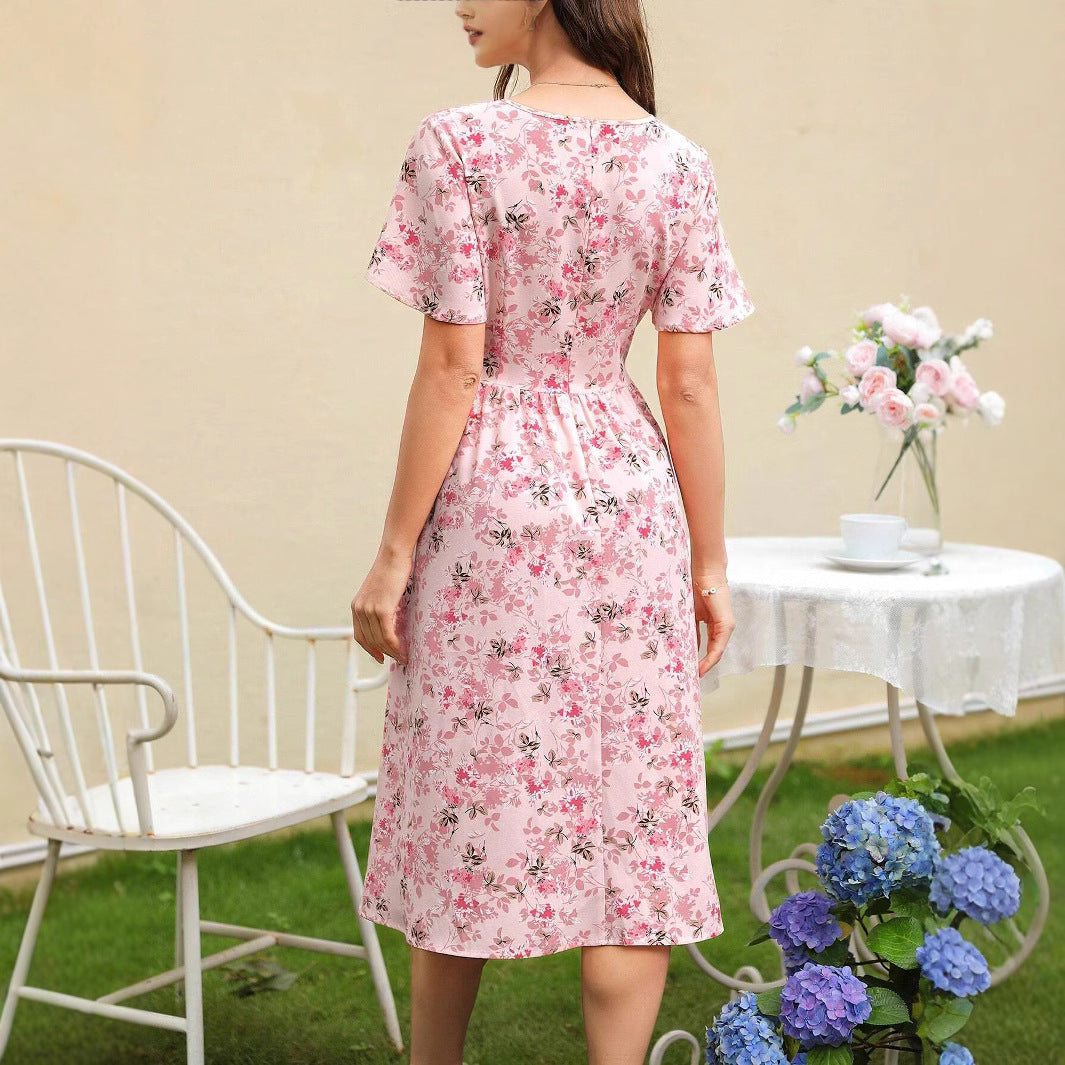 Damen Blumenkleid mit V-Ausschnitt und tailliertem Bindegürtel Fudus