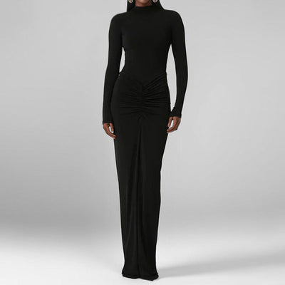 Damen Maxikleid mit elegantem Raffung und klassischem Stehkragen Fudus