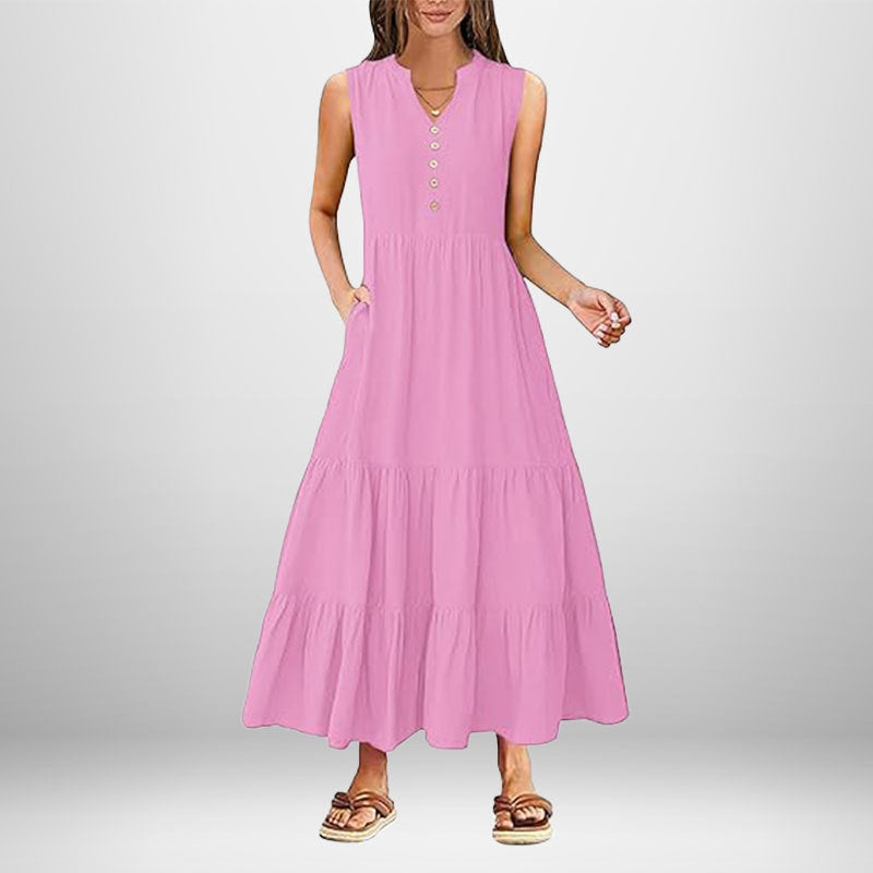 Damen Maxi-Kleid mit knielangen Ärmeln und modischen Knopfdetails Fudus