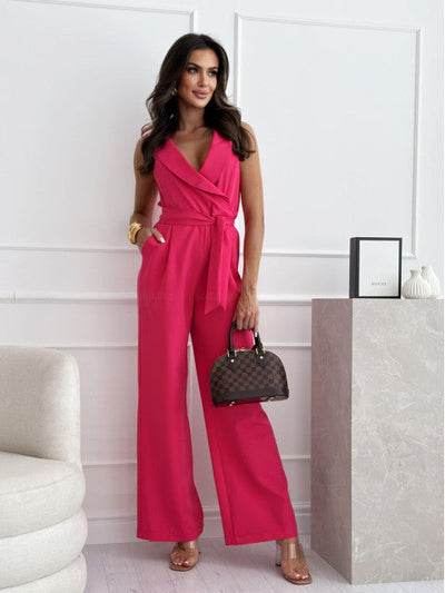 Damen eleganter Jumpsuit mit Wickeldesign und weitem Bein Fudus