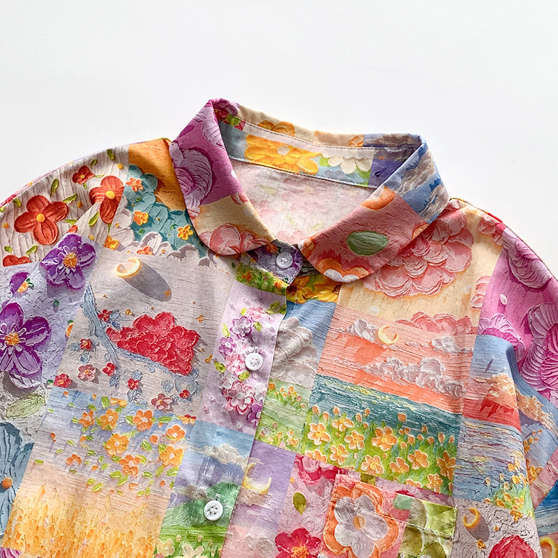 Damen Langarmhemd mit buntem Patchwork-Design Fudus