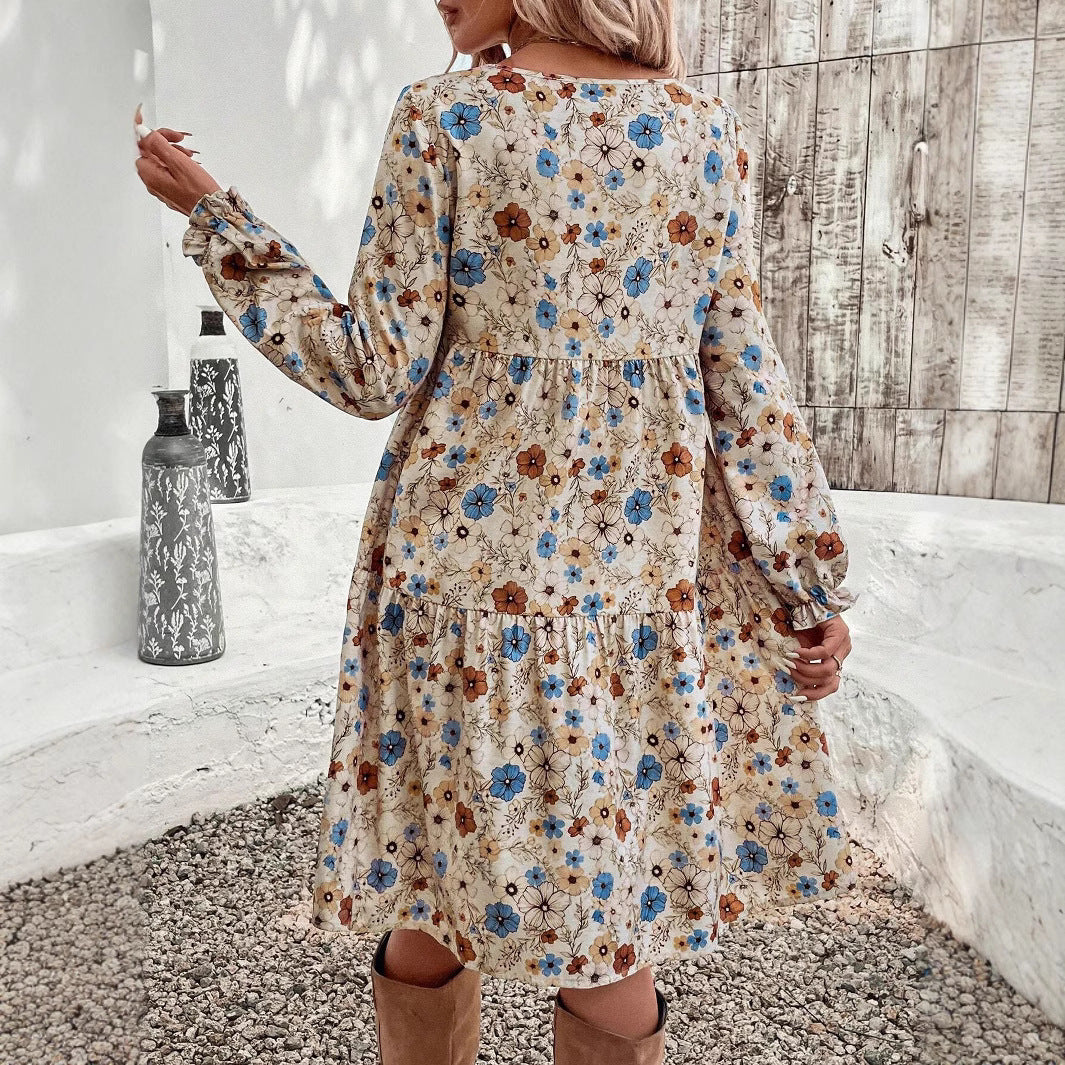 Damen Blumenkleid mit lässigem Schnitt und eleganten Puffärmeln Fudus