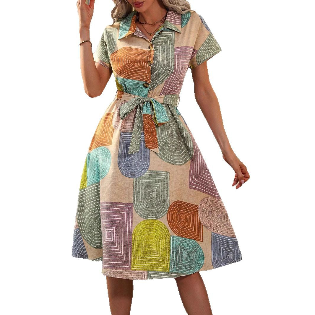 Damen Hemdblusenkleid mit buntem geometrischen Muster Fudus