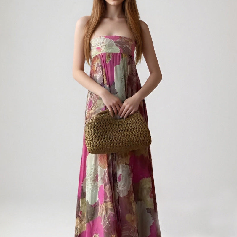 Damen Maxi-Kleid mit strapazierfähigem, floralem Stoff und tiefem Rückenausschnitt Fudus