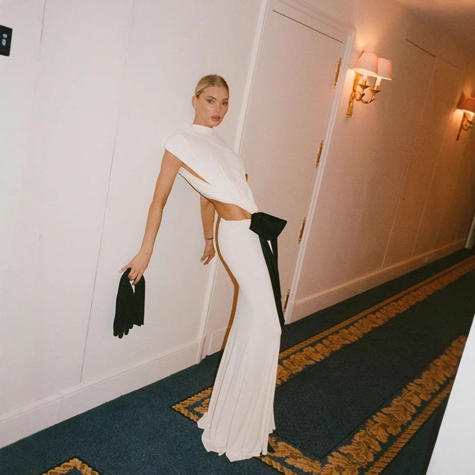 Damen Maxikleid mit elegantem Drapierungsdetail und kontrastierendem Taillengürtel Fudus