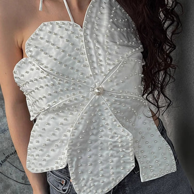 Damen Abendoberteil mit floralem Detail und Perlenverzierung Fudus