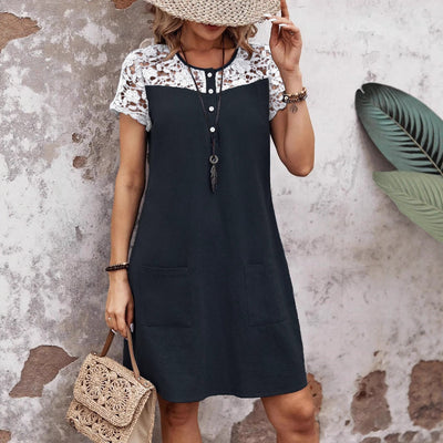 Damen Etuikleid mit eleganten Häkelärmel und Knopfdetails Fudus