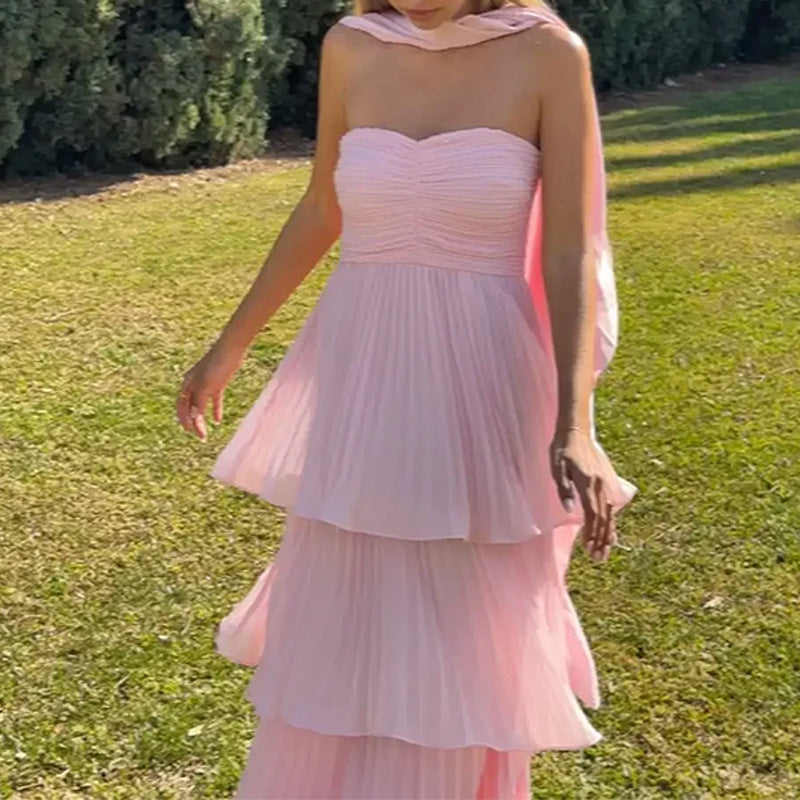 Damen Luftiges Maxikleid mit schulterfreiem Design und voluminösem Rock Fudus