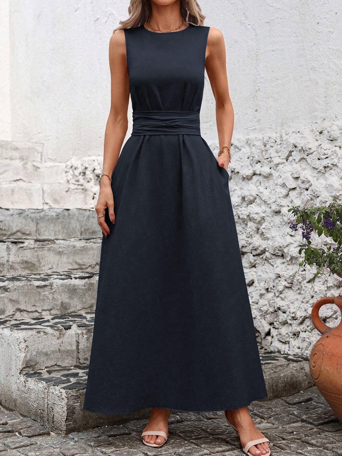Damen Maxikleid mit eleganter Taillenbindung Fudus