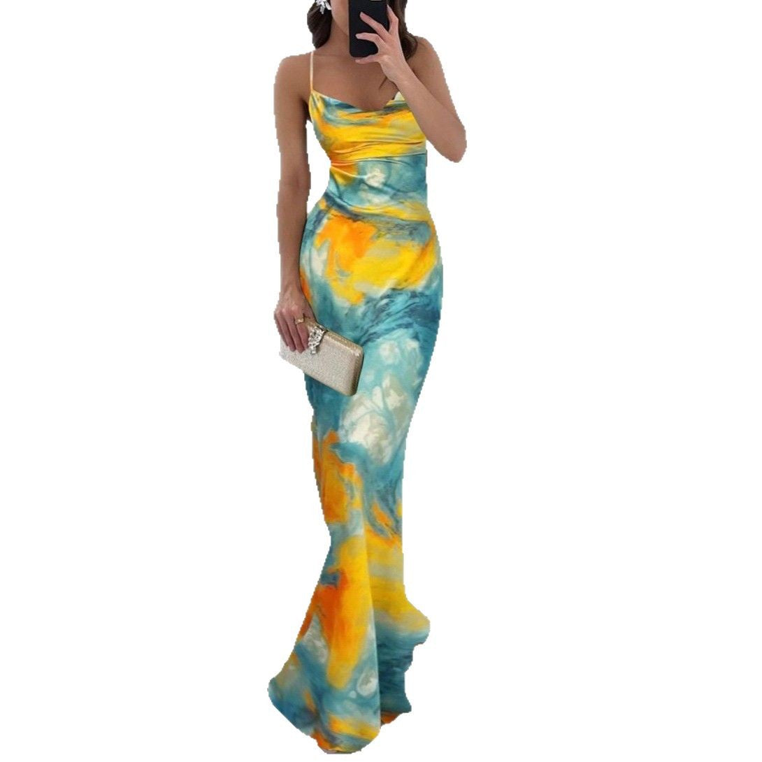 Damen Maxikleid mit einzigartigem Farbverlauf und schmalen Trägern Fudus