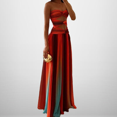 Damen Boho-Chic Maxikleid mit kreativen Cut-Outs und fließendem Rock Fudus