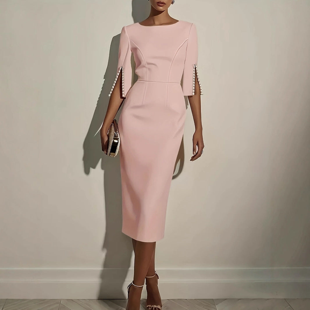 Damen elegantes Hochzeitskleid mit langen Ärmeln und Perlenverzierungen Fudus