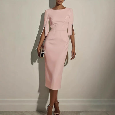Damen elegantes Hochzeitskleid mit langen Ärmeln und Perlenverzierungen Fudus