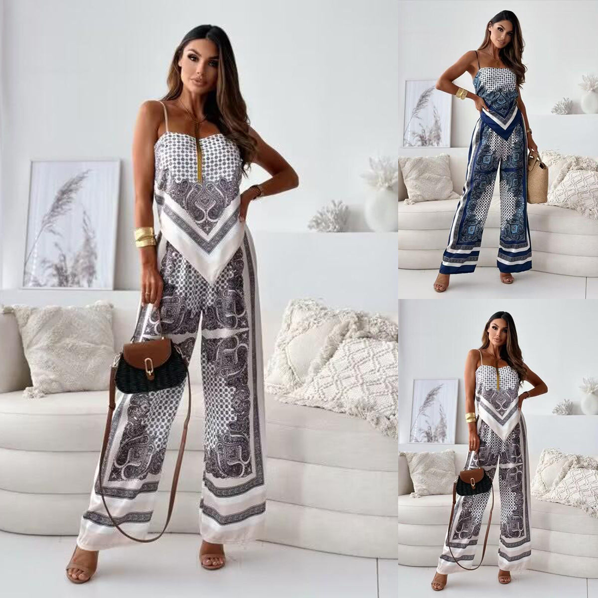 Damen eleganter Jumpsuit mit raffiniertem Print und weiten Beinen Fudus