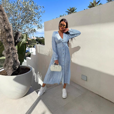 Damen Knielanges Hemdblusenkleid mit kreativen Druck und eleganter Knopfdetails Fudus