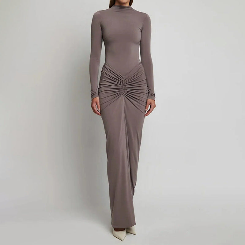 Damen Maxikleid mit elegantem Raffung und klassischem Stehkragen Fudus