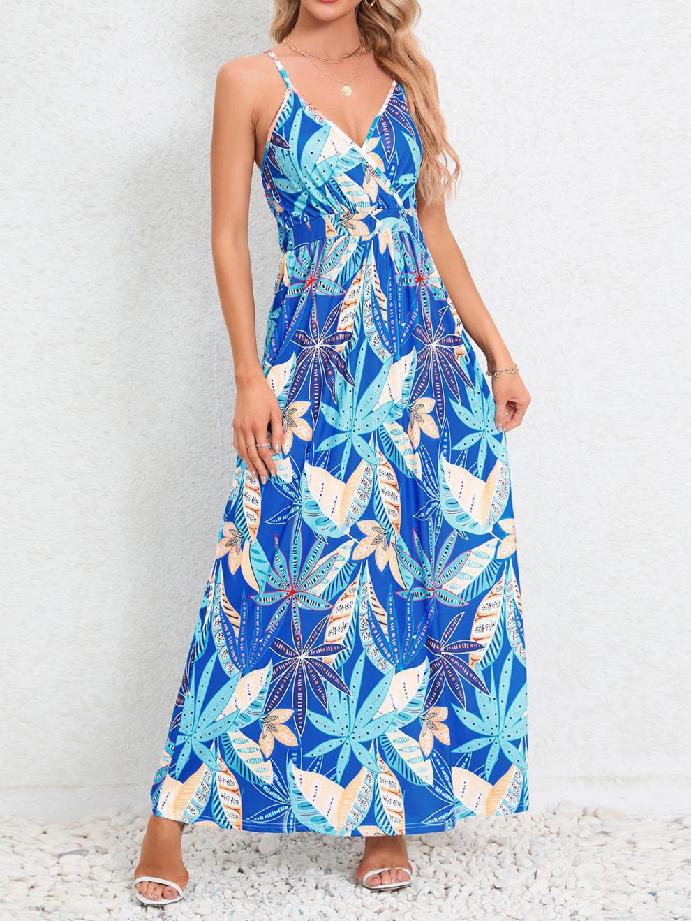 Damen Maxikleid mit zartem V-Ausschnitt und buntem Pflanzenmuster Fudus