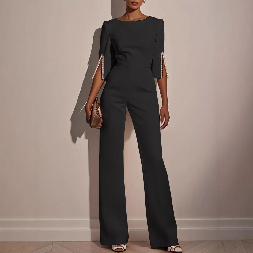 Damen Eleganter Jumpsuit mit dekorativen Perlenärmeln und weiter Hose Fudus