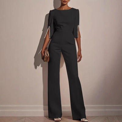 Damen Eleganter Jumpsuit mit dekorativen Perlenärmeln und weiter Hose Fudus