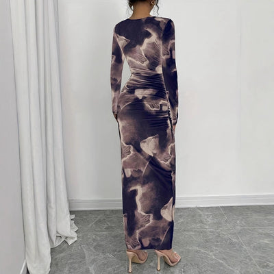 Damen figurbetontes Langarm-Maxikleid mit einzigartigem Mustermix und elegantem Schnitt Fudus