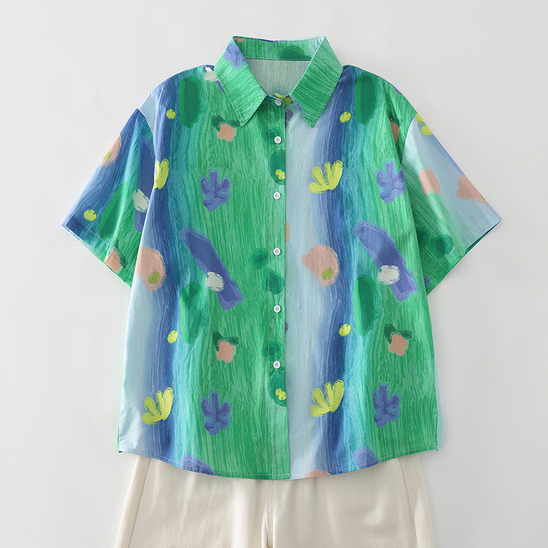 Damen Kurzarmbluse mit buntem Muster und entspannter Passform Fudus